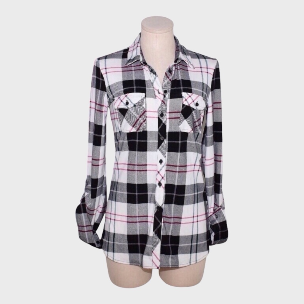 Warehouse One Plaid Flannel Button-Up Shirt with Roll Tab Sleeves